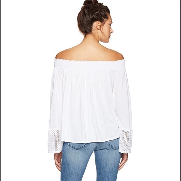 Three Dots Women's Trellis Lace Peasant Top white off shoulder soft stretchy - Picture 3 of 11
